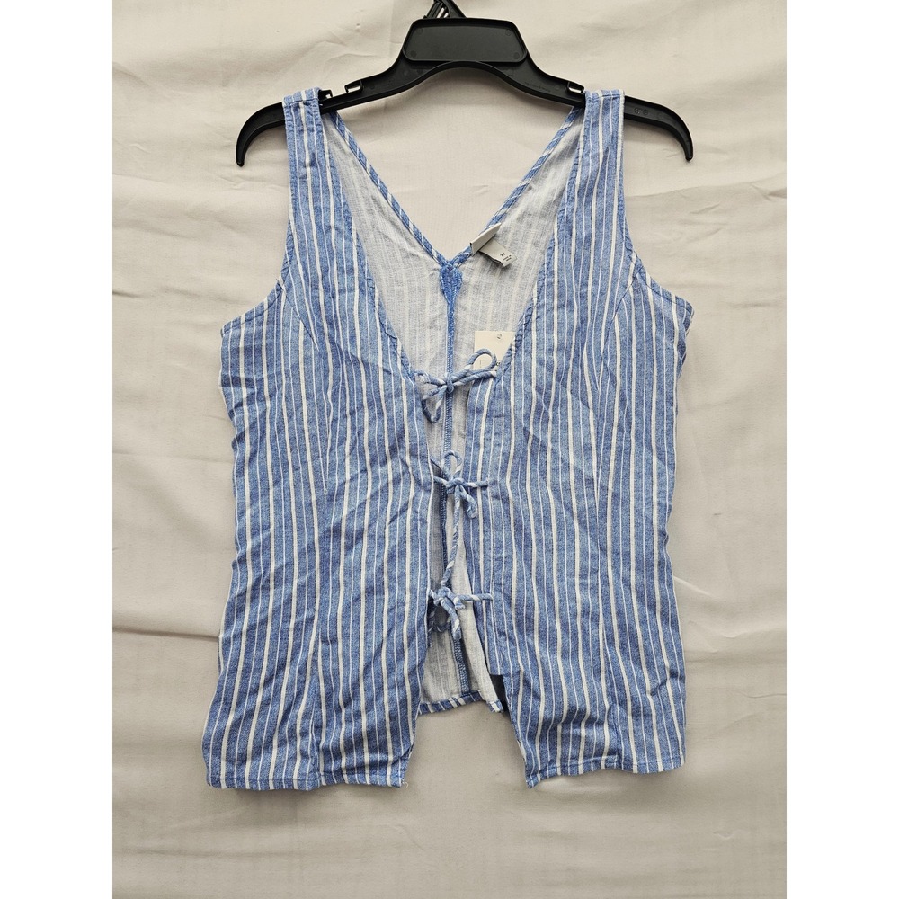 A New Day Womens Striped Tie Front Tank Top Blue Linen Blend Casual Size XS